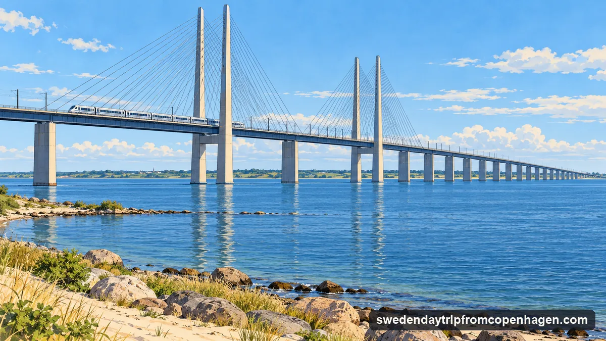 Illustration: a modern regional train crossing a long cable-stayed bridge over a calm blue strait on a clear day, low coastline on the far side