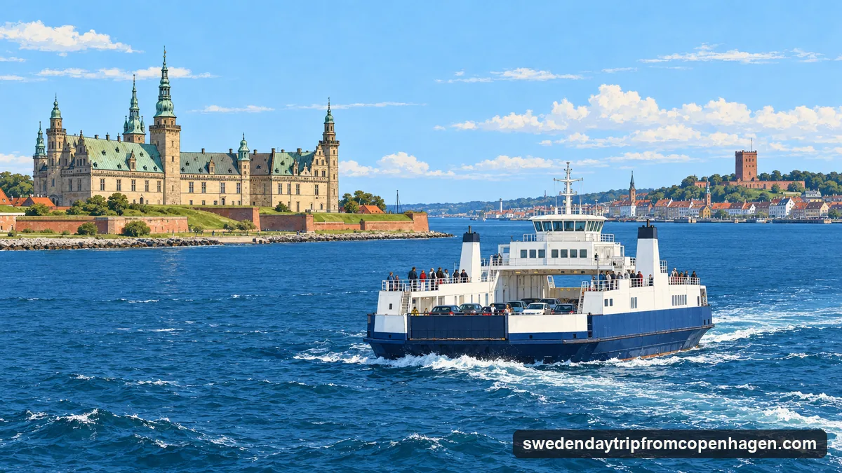 Illustration: a plain white-and-blue car ferry with no name or logo crossing a narrow strait on a clear day, a Renaissance castle with green copper spires on the near shore and a low city skyline with a square medieval tower on the far shore