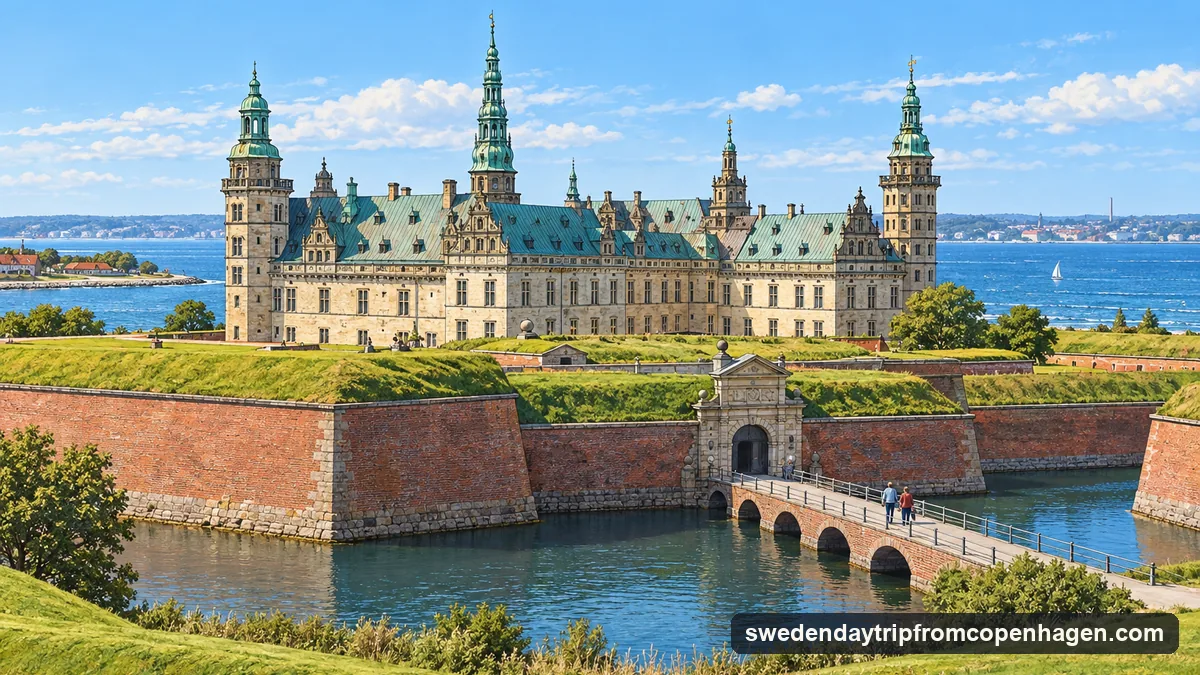 Illustration: a Renaissance castle of pale sandstone with green copper spires and towers, seen across grassy ramparts and a moat on a clear day, the sea beyond