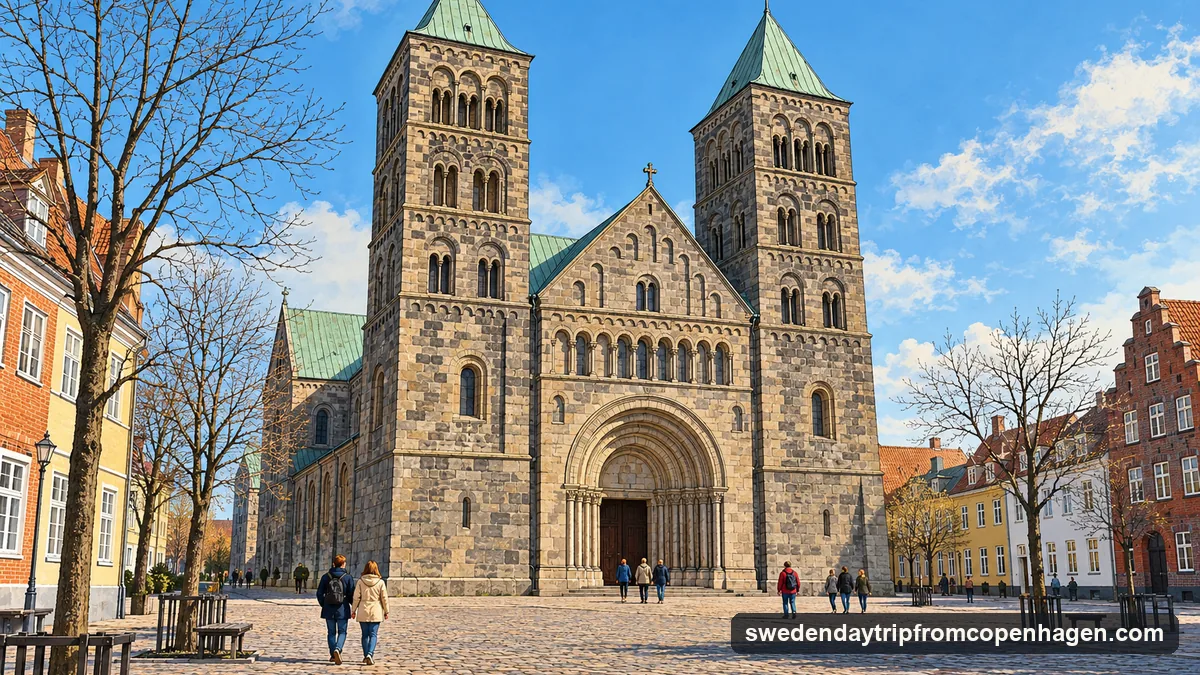 Illustration: the twin towers and round-arched stone front of a Romanesque cathedral above a quiet cobbled square in a small Swedish town on a clear day, a few visitors walking