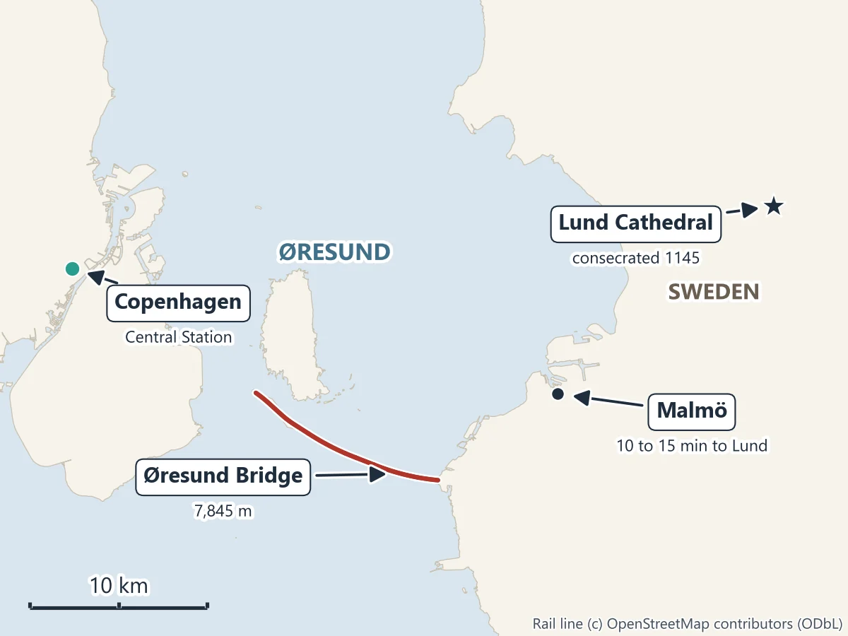 Map of the route from Copenhagen Central Station over the Øresund Bridge to Malmö and north to Lund Cathedral