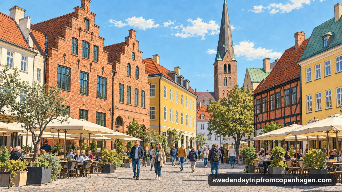 Illustration: a cobbled old-town square in a Swedish city on a clear day, gabled brick and painted houses around it, café tables outside, a few visitors walking