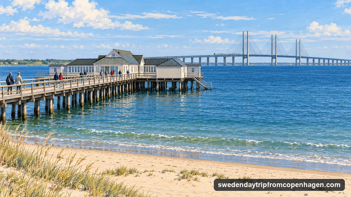 Illustration: a long cable-stayed bridge crossing a blue strait on a clear day, seen from a sandy shore with a wooden bathhouse on a pier in the foreground